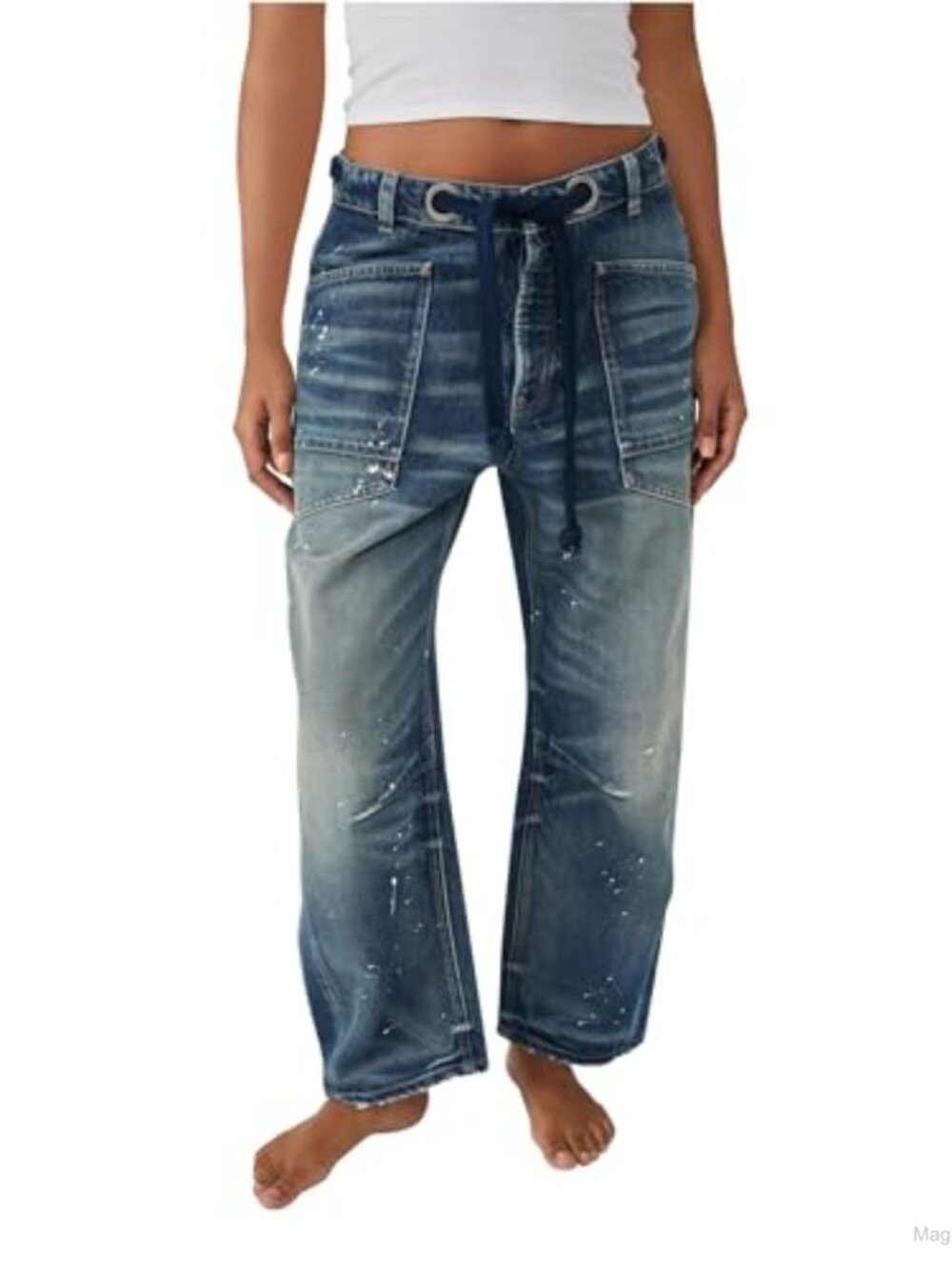Free People Moxie Low Slung Pull-On Barrel Jeans 100% Cotton Wide Leg